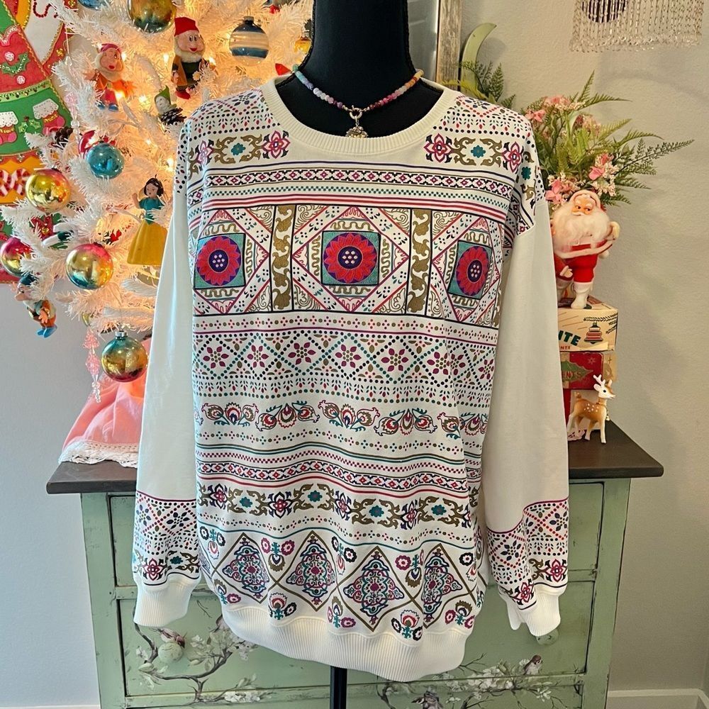 Blast 90s Y2K‎ Vintage White Colorful Boho Mandala Paisley Crewneck Sweater Sz L